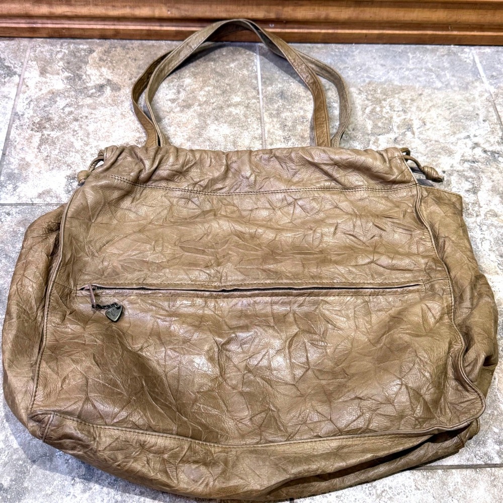 Vintage Brio! Leather Slouchy Shoulder Bag‎ Taupe Boho Drawstring Hobo Purse